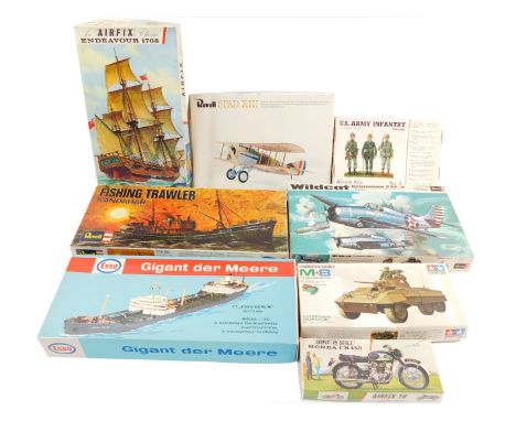 Revell Airfix and other model kits, including US Army infantry, a US Army armored car, Endeavour 1768, fishing trawler Kandah