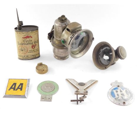 Britain Alsatian Association RAC and AA car badges, a tin of Gargoyle cycle lubricating oil, Veteran Motorist 31 car badge, J