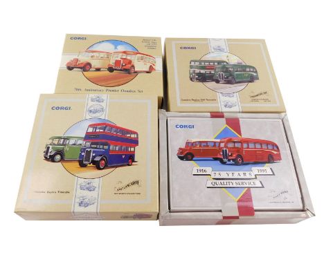 Four Corgi die cast bus sets, comprising The East Lancashire Guy Arab and Leyland Tiger, 97077., The East Kent AEC Regal and 
