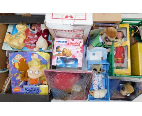 Dolls and soft toys, including Meerkats, a Paddington Bear, Pelham Gypsy puppet and a Berchet Magic Roundabout Florence and D