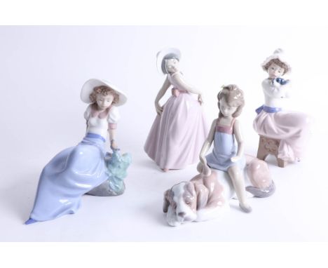 Lladro, a child sat upon a puppy and a dancing child, together with two Nao figures (4).