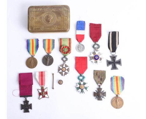 A Great War Christmas 1914 'Mary' tin containing various medals (some replicas) including enamel 1870 Republic France, Great 