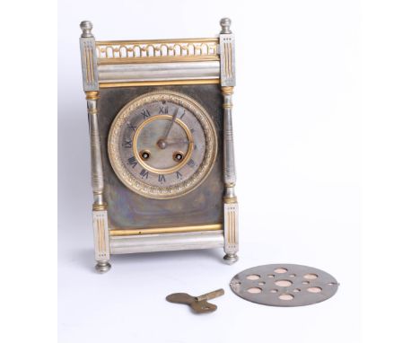 French brass case mantle clock, eight day movement, gong strike with key, height 28cm.