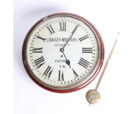A 19th century dial clock, the dial marked 'J. Bailey-Williams, 127 High Street Common, Putney, S.W', lacks casing with fusse