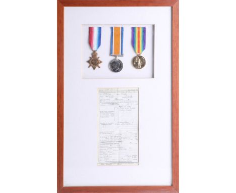 Three Great War medals, framed with a certificate of discharge, awarded to Frank Gould (b1894), no. 530044, trooper, army res