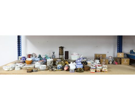 A collection of various scent bottles, ornaments, porcelain boxes, trinkets, lamp etc.