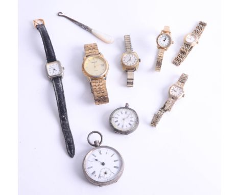 A silver open face pocket watch, Seconda wristwatch, a silver and enamel fob watch (damaged) and sundry other watches.