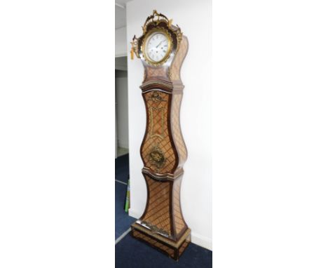 A reproduction French longcase clock with gilt applied decorations and kingwood style casing, eight day chiming movement, sig