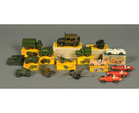 Nine original boxed Dinky toys, Scout Car 673, Field Artillery Tractor 688, 25 Pounder Field Gun 686, Army 1 Ton Cargo Truck 