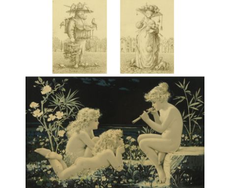 A Victorian print, children playing, 21 cm x 34 cm, and a pair of etchings by Artner Margit.  