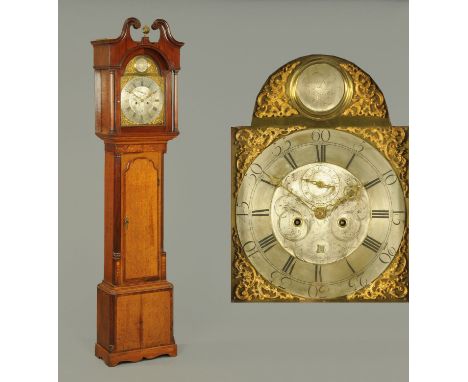 A George III oak and mahogany longcase clock, with two-train striking movement by Crawford, Newcastle, the case raised on bra