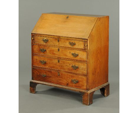 A George III mahogany bureau, with slope front to fitted interior, with four frieze drawers and raised on bracket feet. Width