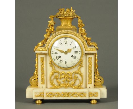 A 19th century French mantle clock, with marble and ormolu mounted case and two-train striking movement.  Width 29 cm, height