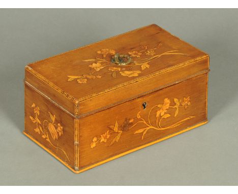 A George III floral marquetry tea caddy, with three tin interior caddies.  Length 25 cm. 