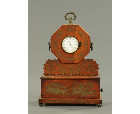 A 19th century rosewood and brass inlaid mantle clock, with chariot scene.