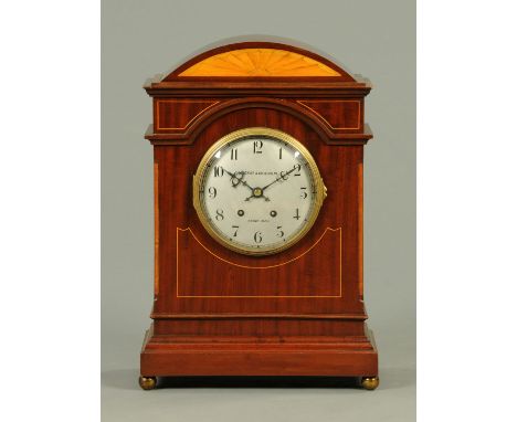 An Edwardian inlaid mahogany mantle clock, by McKay & Chisholm of Edinburgh, with two-train spring driven movement striking o