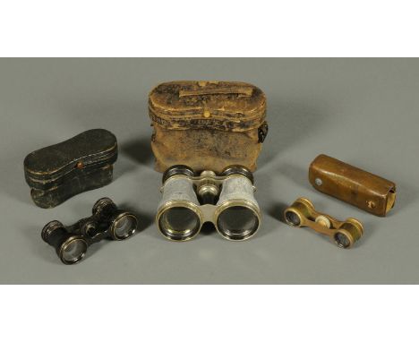 Two pairs of vintage opera glasses, and a pair of binoculars with integral compass.  