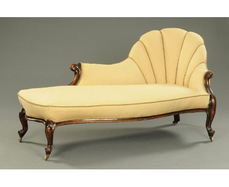 A Victorian mahogany chaise longue, with fan back, serpentine front and raised on cabriole legs (see illustration). CONDITION