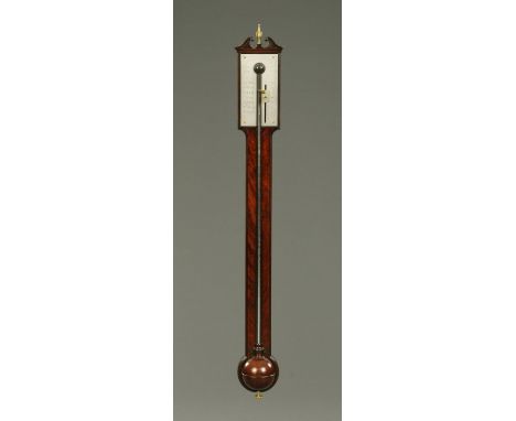 A George III mahogany stick barometer, by Jeremiah & Walter Watkins, circa 1790, Charing Cross, London.  Height including fin