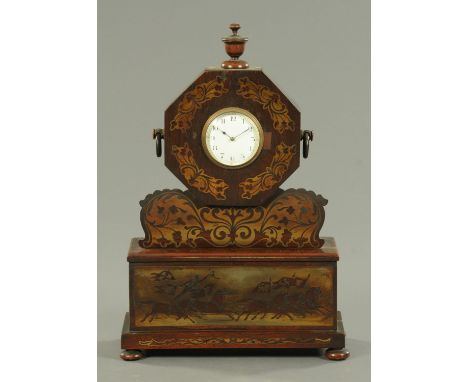 A 19th century rosewood brass inlaid mantle clock, with cavalry scene.  