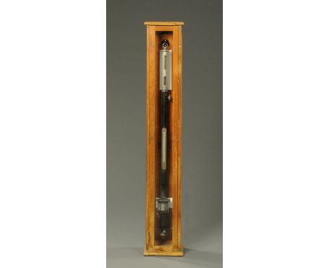 A scientific mercury stick barometer, with silvered dial, adjustable scale and in mahogany case.  