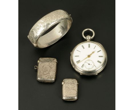 A silver cased gentleman's pocket watch by Cohen of Manchester, Serial No. 50950, Chester 1897, two silver Vesta cases and a 