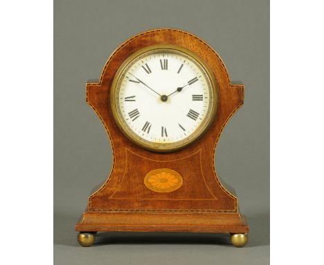 An Edwardian inlaid mahogany mantle clock, of balloon shape, with single-train movement and raised on short ball feet.  Heigh