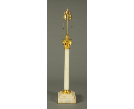 A late 19th century alabaster table lamp, with Corinthian capital.  Height excluding light fitting 72 cm (see illustration). 