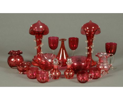 A collection of Victorian cranberry glassware, including 2 scent bottles, 4 custard glasses, pair of Jack in The Pulpit vases