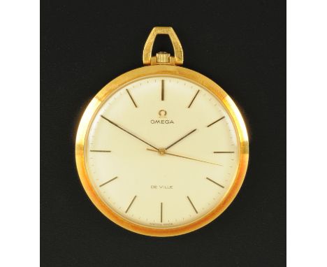 A gentleman's 18 ct yellow gold pocket watch, Omega De Ville, open faced with brushed silver coloured dial, baton markers and