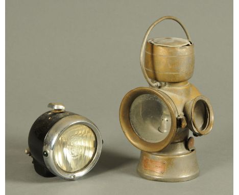 A vintage Lucas brass car lamp, and similar bicycle lamp. 