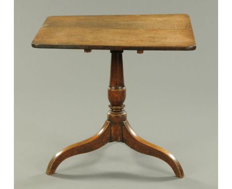 A Victorian oak tripod table, rectangular, with rounded corners, turned column and three downswept legs, and three 19th centu