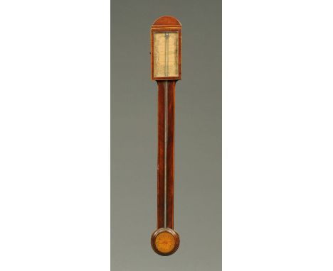 A George III mahogany stick barometer, with paper label, by Arthur Hudson. CONDITION REPORT: The pediment is in good order. T