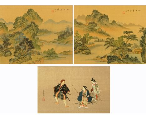 Two Chinese silkwork pictures, landscapes, each 25 cm x 30 cm, and with further Japanese print, Samurai.   
