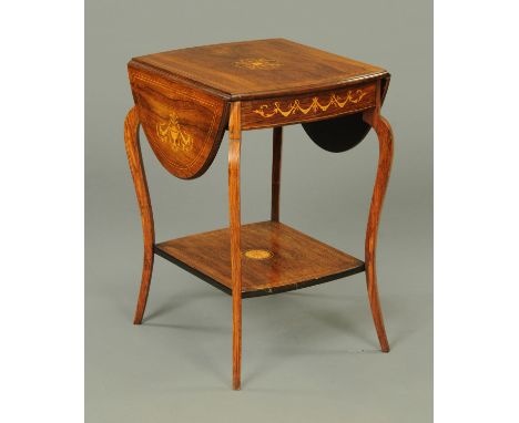 An Edwardian inlaid rosewood twin drop flap occasional table, with cabriole legs and low shelf.  Width 47 cm. 