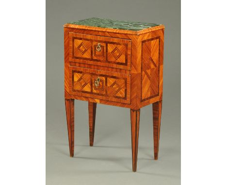 An 18th century Italian small commode, with marble top, fitted with two drawers and raised on tapered legs of square section.