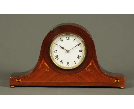 An Edwardian inlaid mahogany mantle clock, with single-train movement and Roman numerals.  Width 29 cm. 