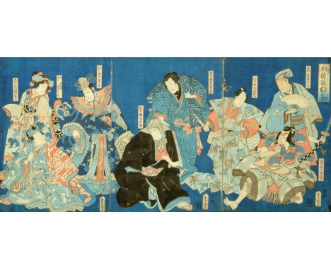 A Japanese triptych print, Samurai and female figures.  75 cm x 36 cm.