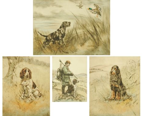 After Henry Wilkinson, four Limited Edition coloured etchings, Spaniel 150/200, Pointer 46/150, Huntsman with Spaniel 136/150