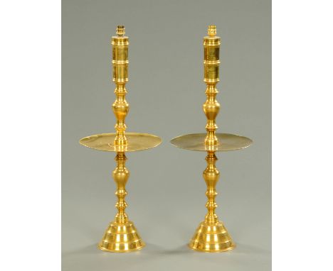 A large pair of brass pricket style table lamp bases, each with shade.  Height excluding light fitting and shade 78 cm. 