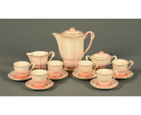 An Art Deco Carltonware coffee set, pink, 6 cups, 6 saucers, lidded sucrier, cream jug and coffee pot.  