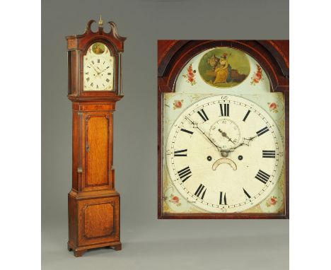 A George III oak and mahogany crossbanded longcase clock, with arched painted dial and two-train striking movement, with long