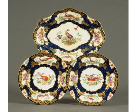 Two Coalport Scale Blue dessert plates and matching comport, (examples of Worcester copies).  Plate diameter 21 cm (see illus