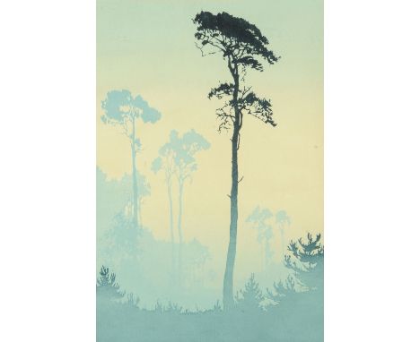 Oscar Droege, original woodcut print, "Pines".  36 cm x 24 cm, signed in pencil. CONDITION REPORT: This print is in its origi