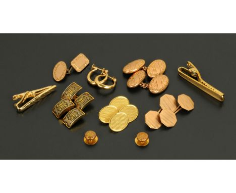 A pair of 18 ct gold cufflinks, engine turned, 6.3 grams, two pairs of 9 ct gold cufflinks, 9.9 grams, pair of 9 ct gold earr