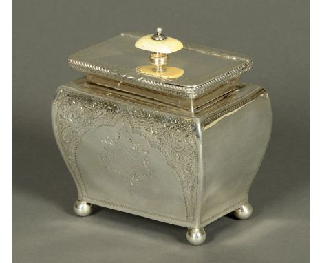 A 19th century silver plated tea caddy, by Howard, Sheffield, in the Regency style and raised on short ball feet.  Width 12 c