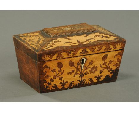 A Regency inlaid rosewood tea caddy,   Width 22.5 cm. 