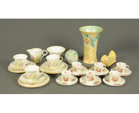 A Shelley coffee service, Shelley part tea service, Doulton vase, Shelley Melody patterned preserve dish and Carltonware toas