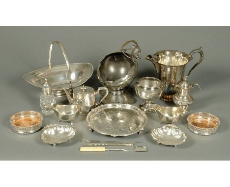 An Edwardian silver plated squirrel mounted nut holder, a large plated basket, two sauce boats, tray, teapot, hot water jug, 