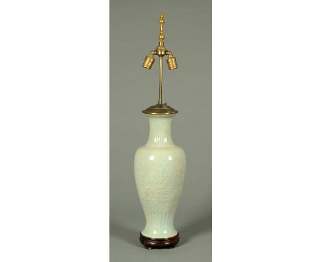 A Chinese Celadon vase, converted to a lamp base.  Height excluding light fitting 50 cm. 